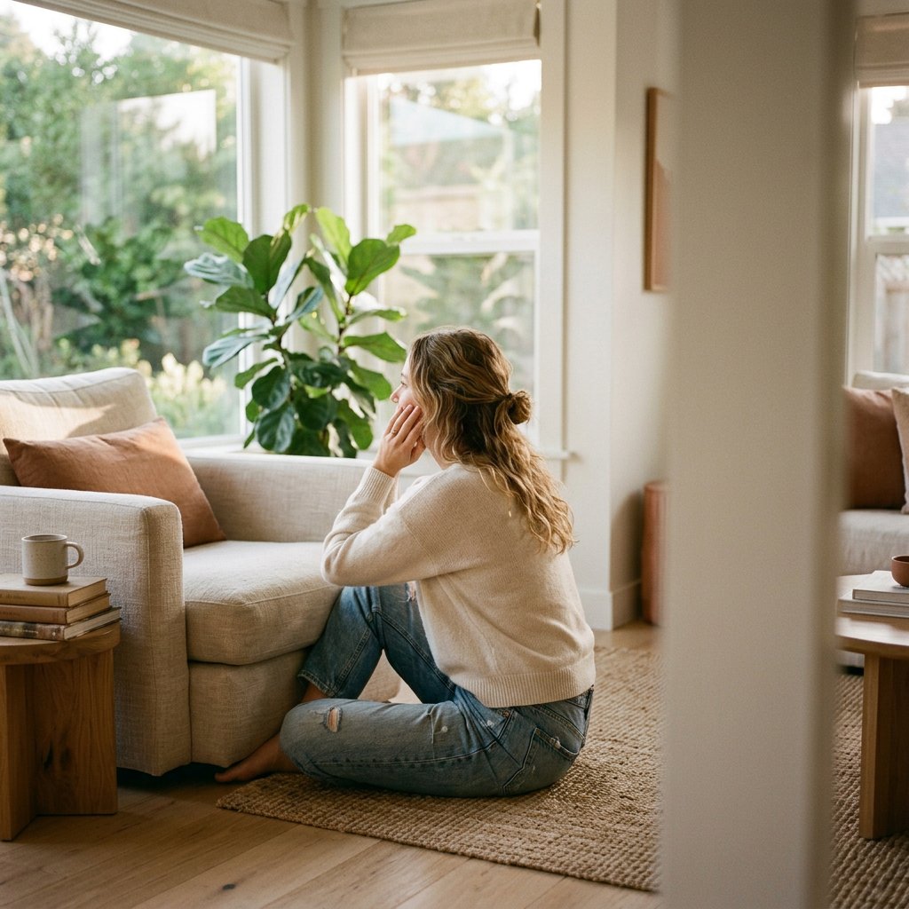Woman in soft natural light, illustrating postpartum hormonal pigmentation