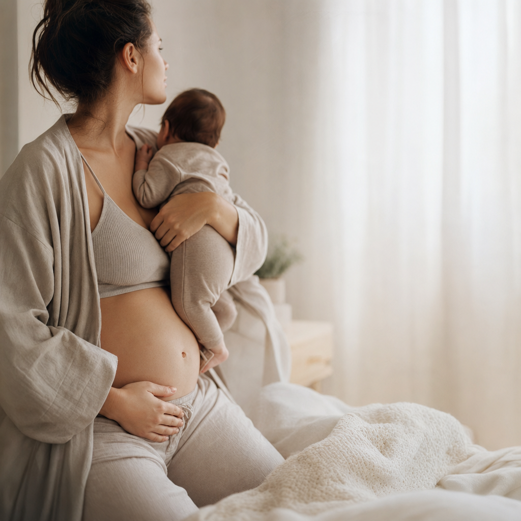Mother gently holding her baby with one hand resting on her own postpartum stomach