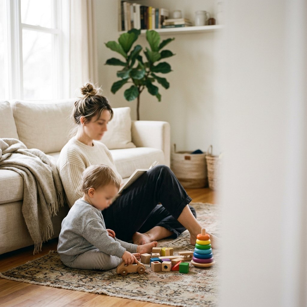 Mother sitting on the floor of a softly lit living room with her toddler playing nearby