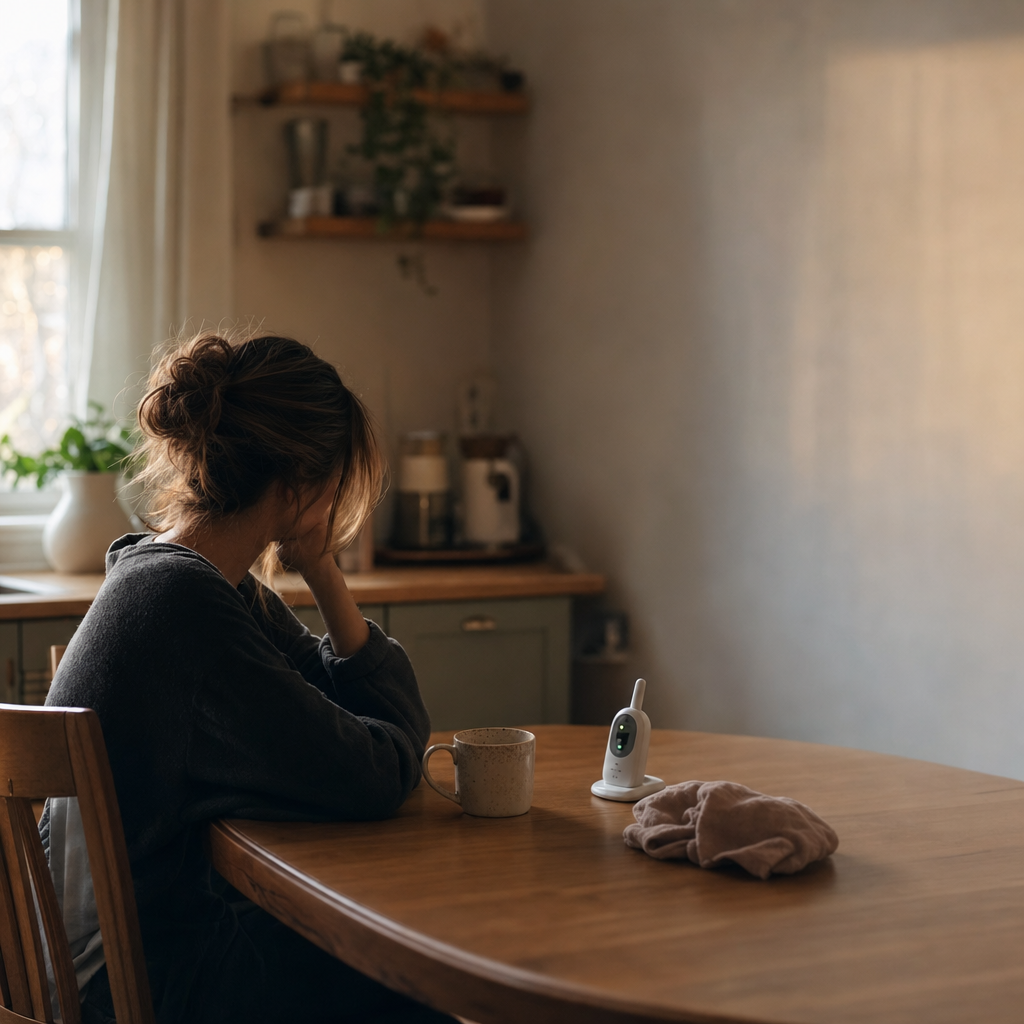 Woman resting her head against her hand at a kitchen table in low early morning light